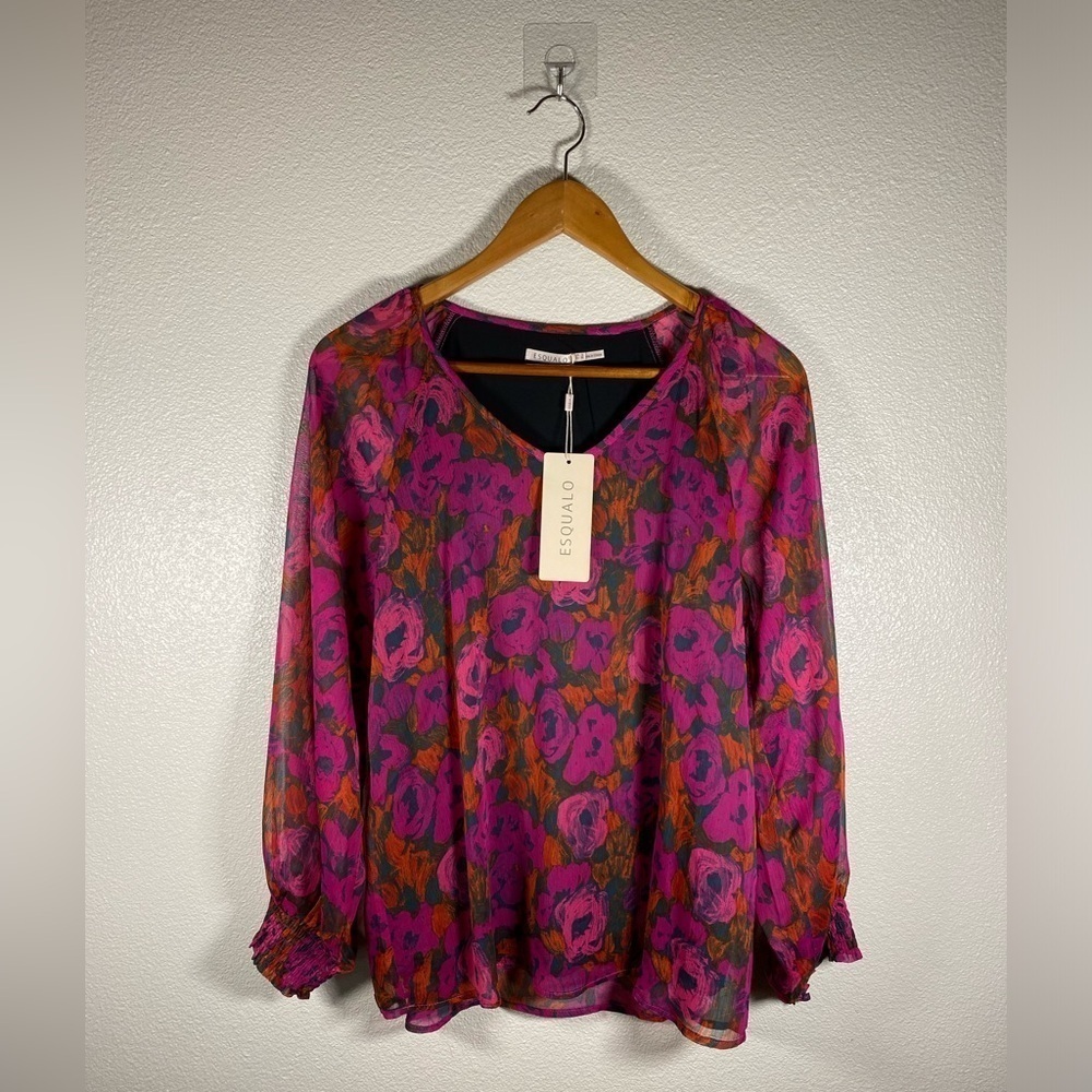 NWT ESQUALO SMOCKED CUFF FLORAL FLOWY BLOUSE SIZE 6 / medium F18